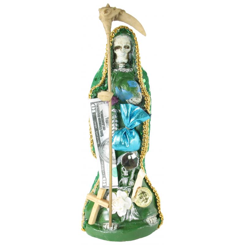 Imagen Santa Muerte Vestida 20 cm. (Verde) (c/ Amuleto Base) Resina, Artesanal